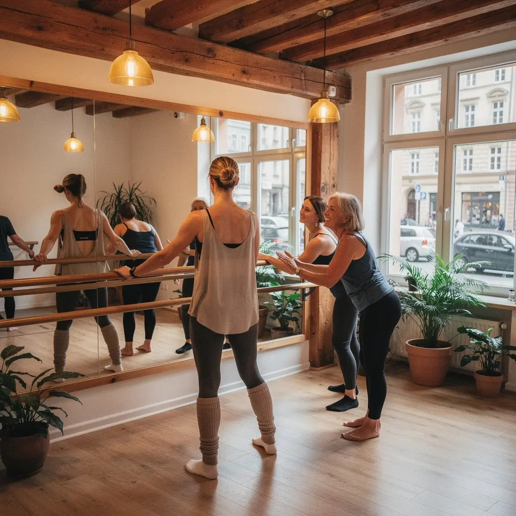 Grupa osób ćwiczących barre w sali fitness z dużymi oknami i naturalnym światłem.