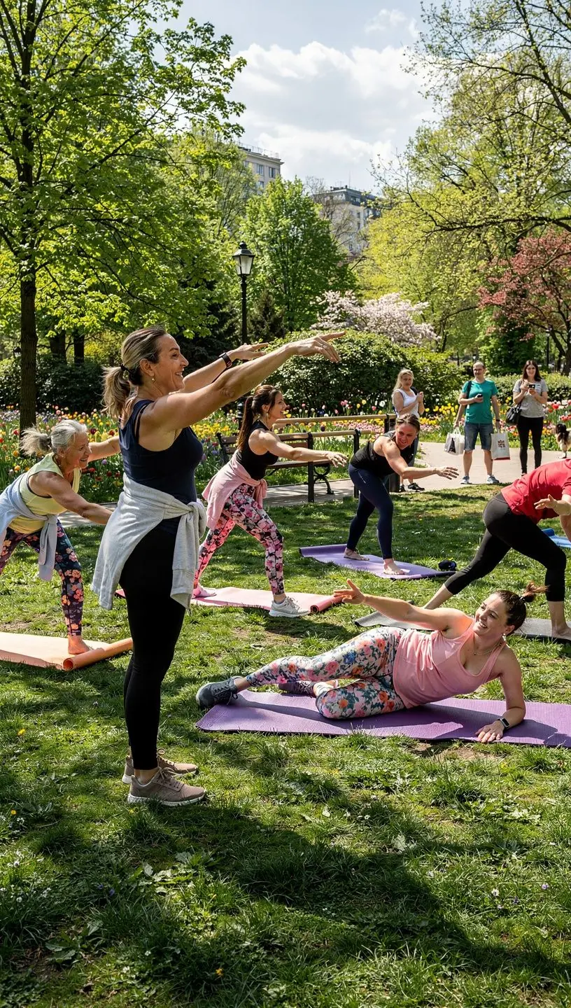 Instruktorka prowadzi zajęcia, demonstrując pozycje jogi i ruchy baletowe w harmonijny sposób.