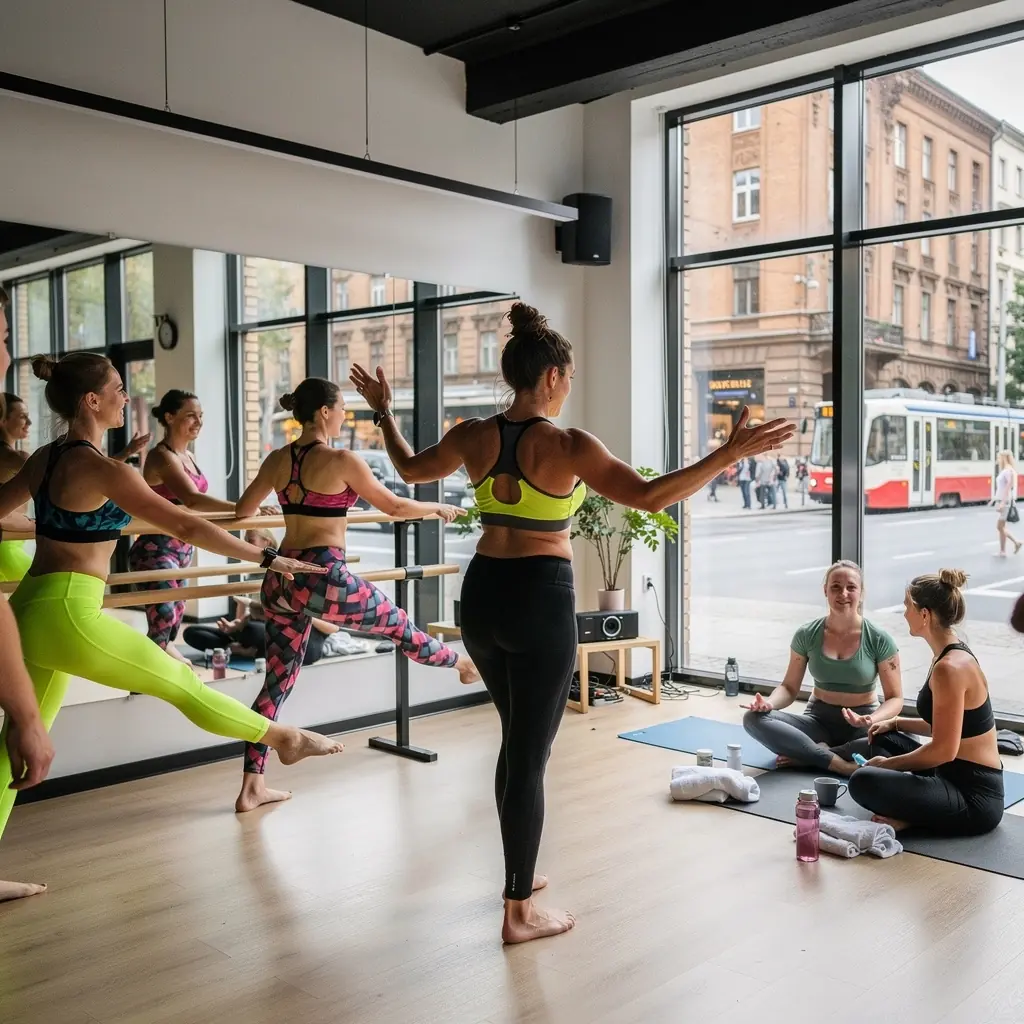 Instruktorka prowadzi zajęcia, demonstrując pozycje jogi i ruchy baletowe w harmonijny sposób.