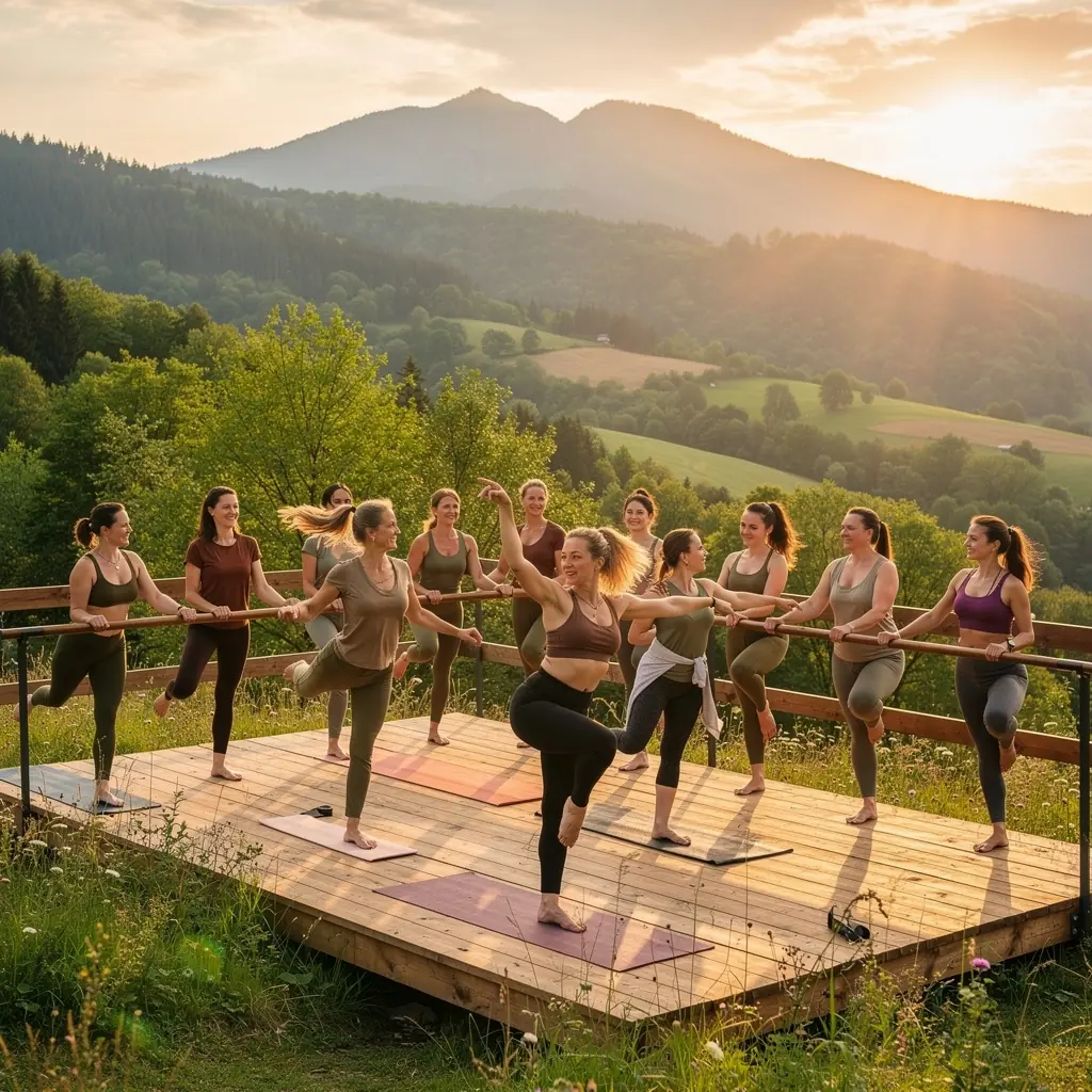 Instruktorka prowadzi zajęcia, demonstrując pozycje jogi i ruchy baletowe w harmonijny sposób.